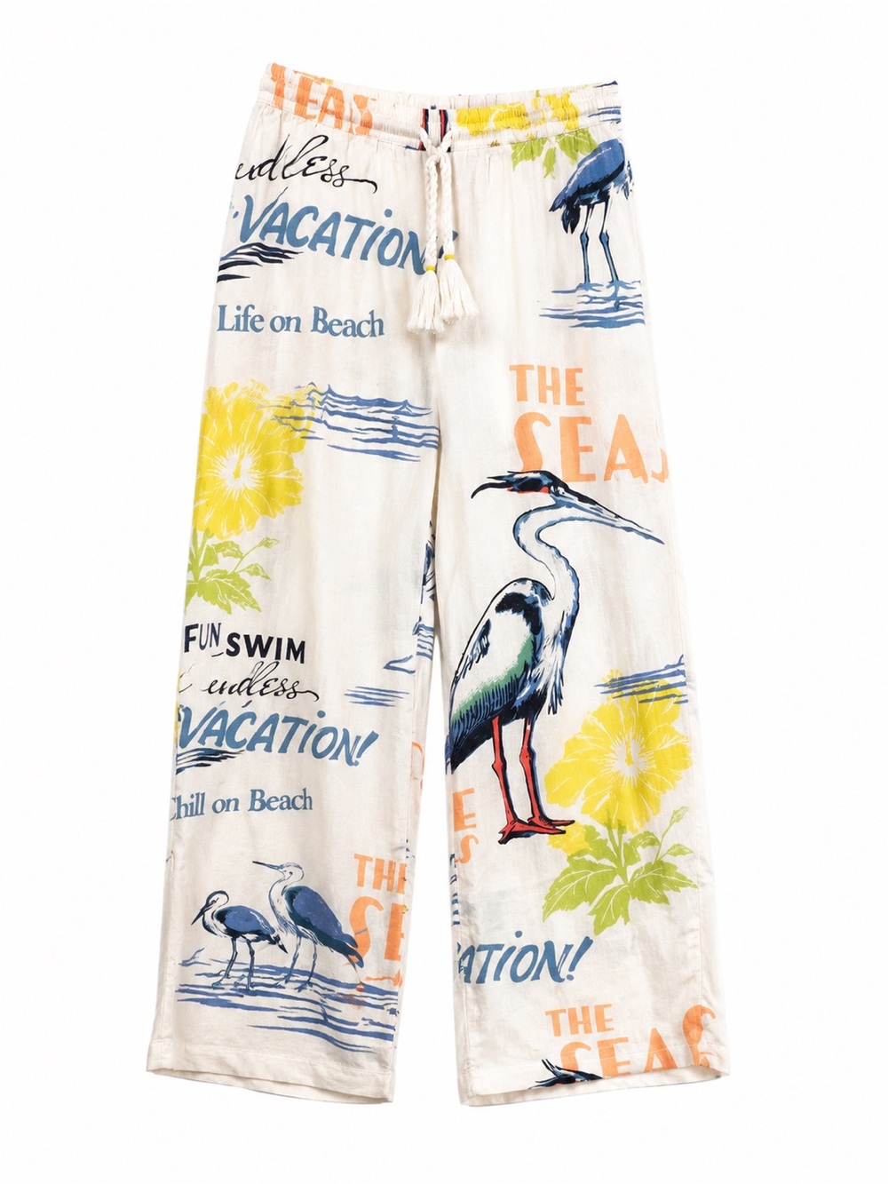 Anthro's. Celandine White Beach-Print Flowy Pants wDrawstring Waist. Size S